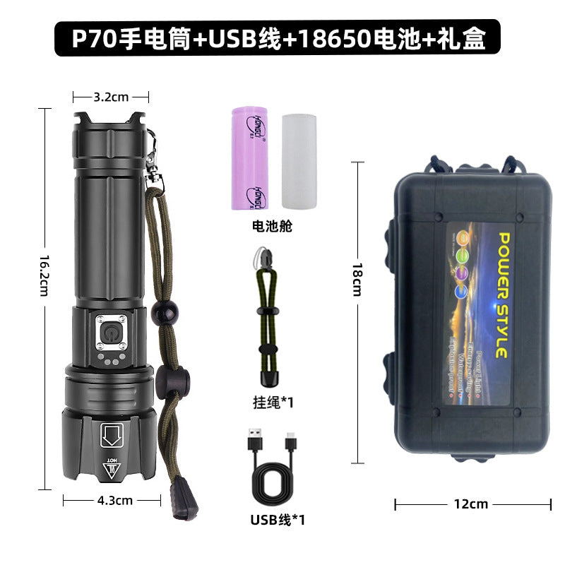 Cross-border special P70 flashlight super bright led aluminum alloy zoom electric display flashlight outdoor multi-function flashlight