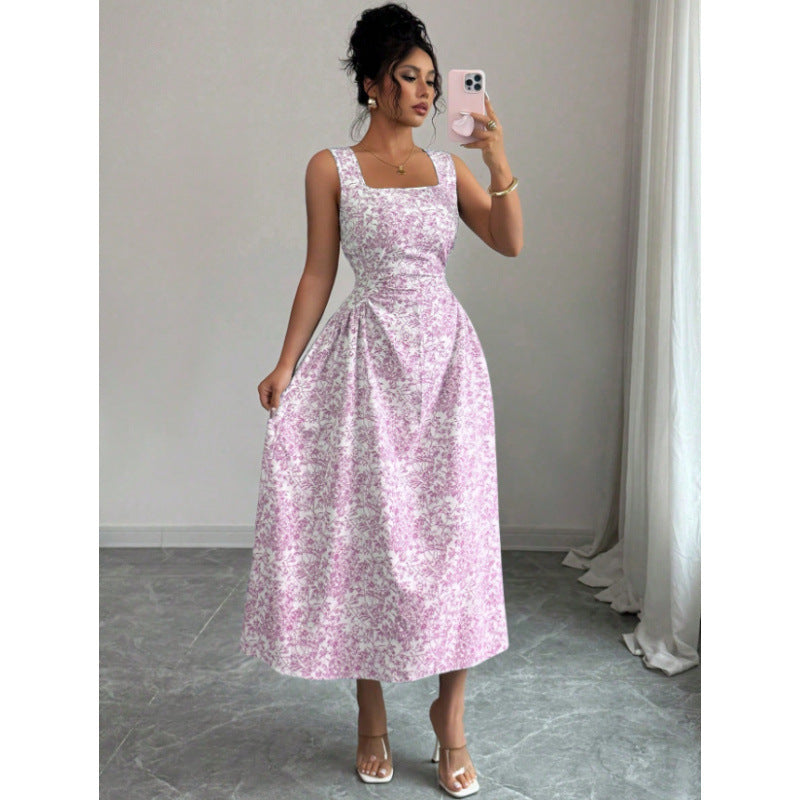 Shipped:  new summer collection - women's slim-fit, figure-flattering, square neck, sleeveless printed dress for cross-border e-commerce