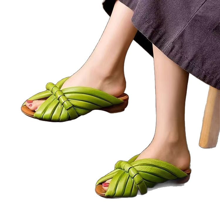 New fish mouth sandals & slippers for women - 2026 summer collection: retro, mori girl style, unique design, low heel leather slippers for outdoor wear