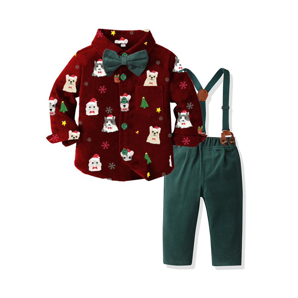 New arrival: boys' printed long-sleeve shirt & overalls set - gentleman's outfit, perfect for christmas!