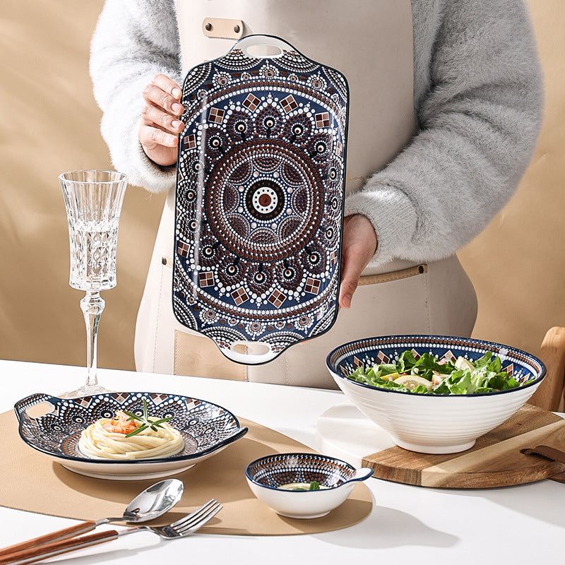 Creative bohemian style bowl and plate set - underglaze color home ceramic tableware - exotic double-handled plate