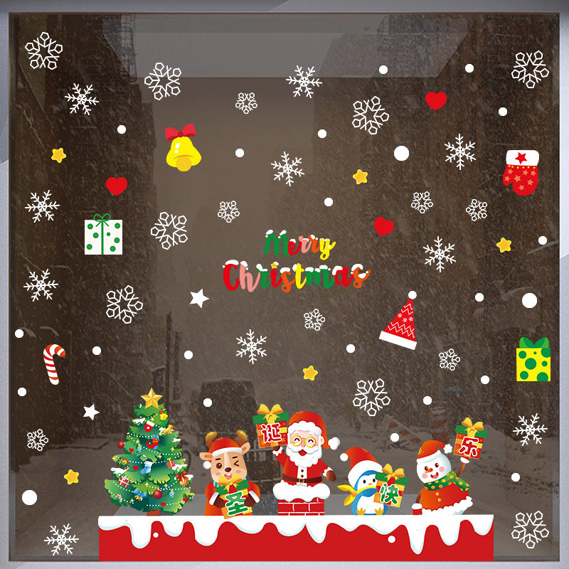 Cheerful Christmas decoration glass door sticker shop window scene arrangement Santa snowman no glue static sticker
