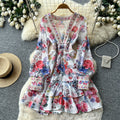French romantic v-neck floral dress - women's spring/autumn korean style long sleeve high waist tie-waist slimming a-line dress