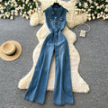 Commuting style casualsilm denim jumpsuit women's summerstraight-legpants sleeveless lapel button waist slimming look