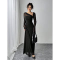 fashionautum mesh patchworklong sleeveselegance asymmetrical pleated silma-linedress women