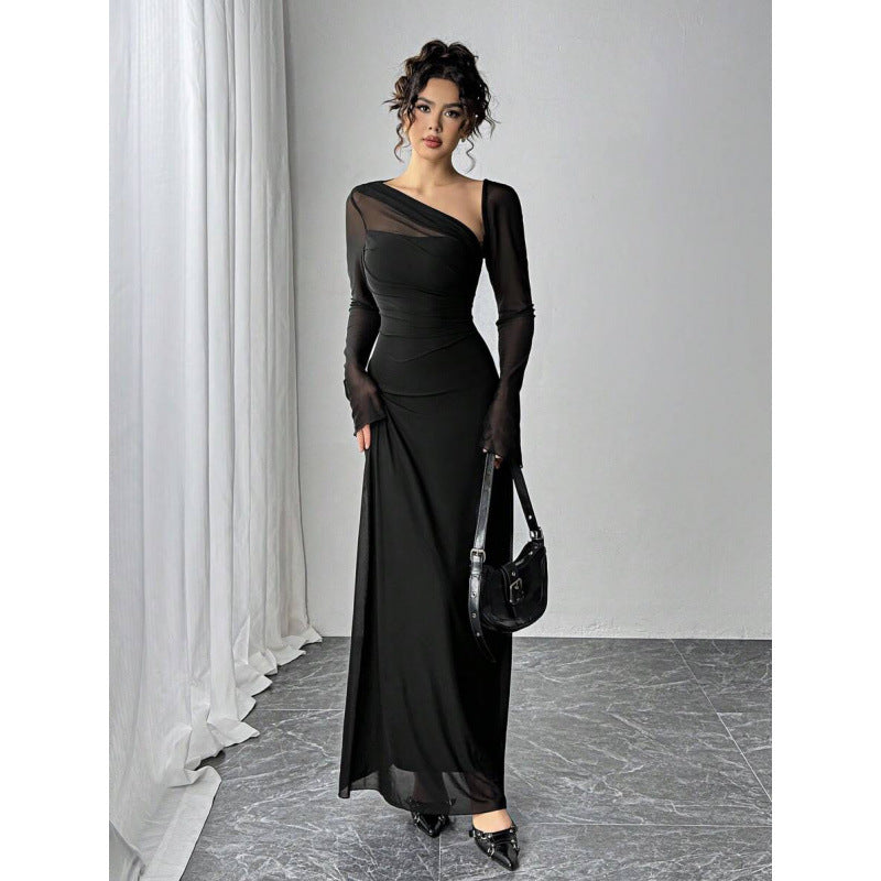 fashionautum mesh patchworklong sleeveselegance asymmetrical pleated silma-linedress women