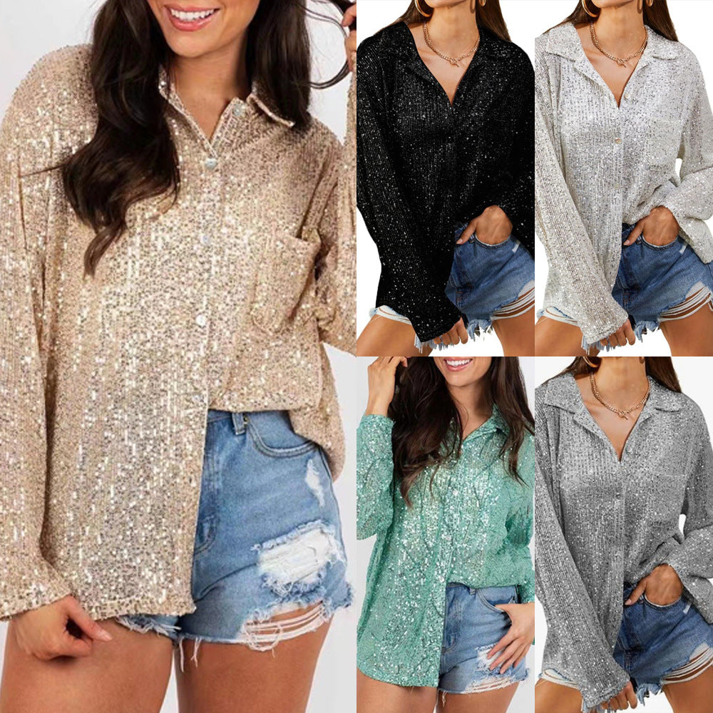 2025 autumn european and american cross-border women's fashion: new sequin long-sleeve turn-down collar casual blouse for amazon