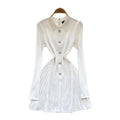 French retro chic: high-end, fashionable, notched collar, long sleeve, metal buckle, cinched waist, slimming, elegant knit dress