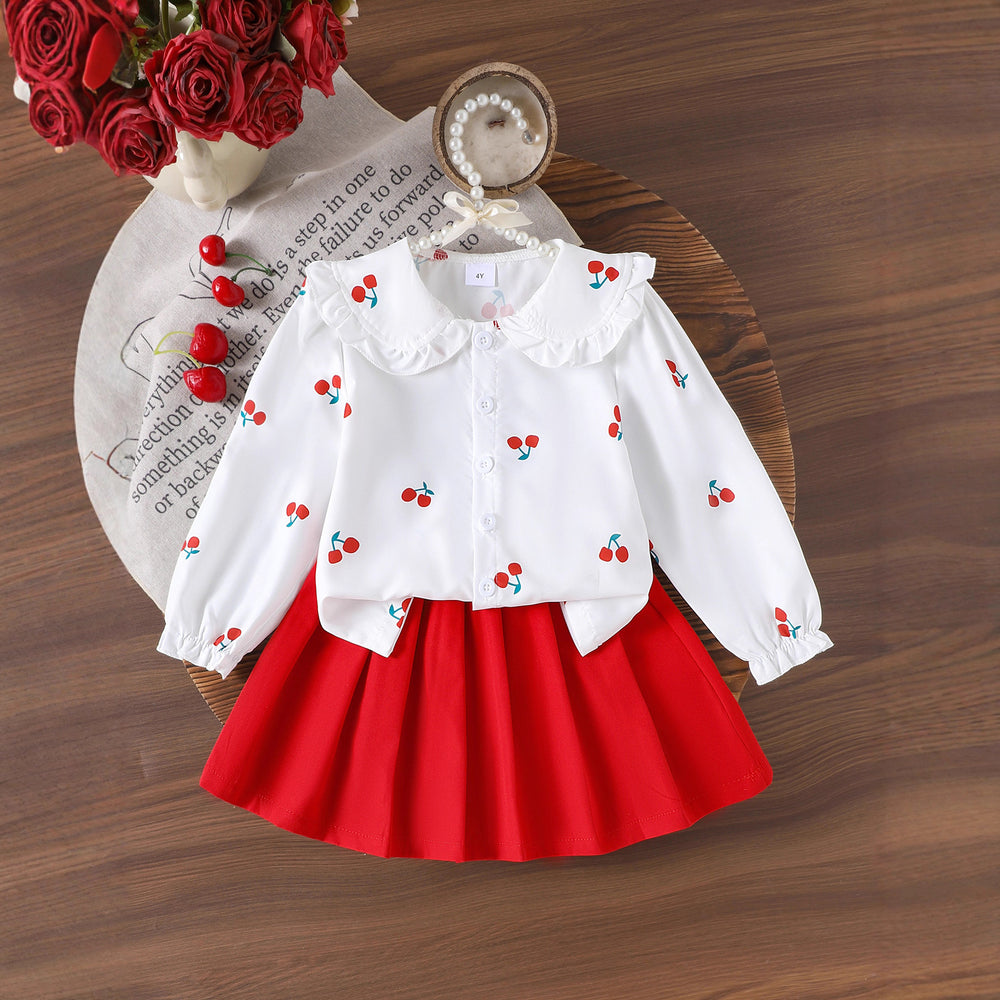 Children's clothing cross-border girl suit cherry white long sleevestops + red skirt