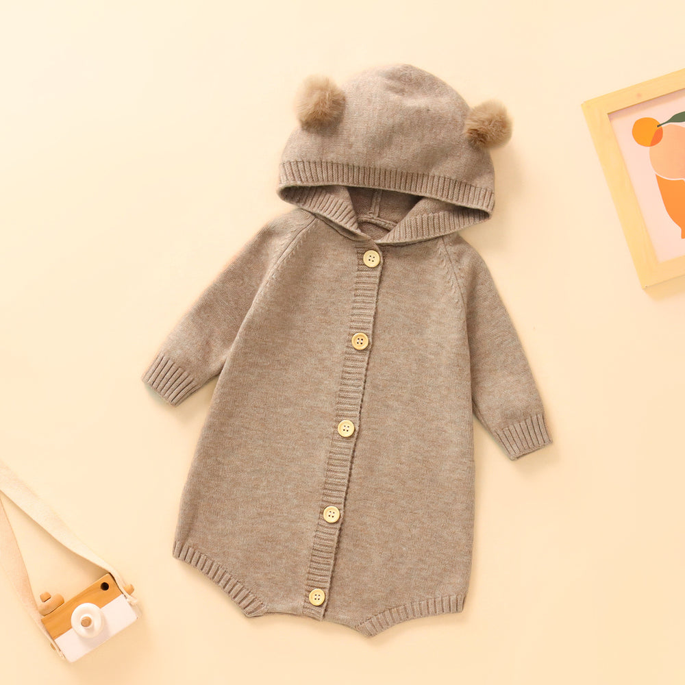 Korean style baby romper - autumn cute pom-pom bear knit hooded bodysuit (036)