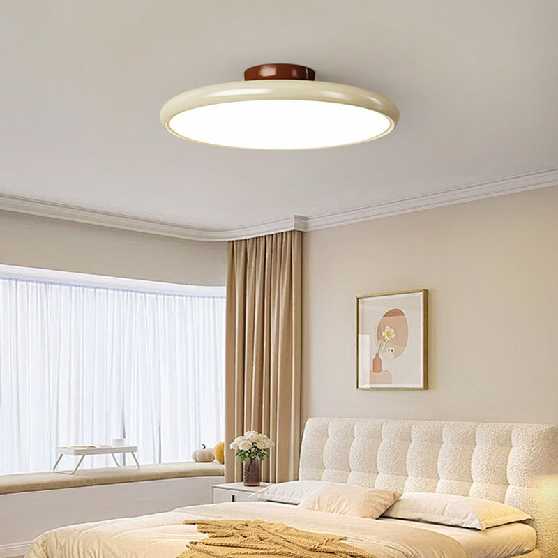 Raw wood style milky white double-layer round ceiling light with walnut wood base - ideal for condo apartments, b&bs, and kids' bedrooms