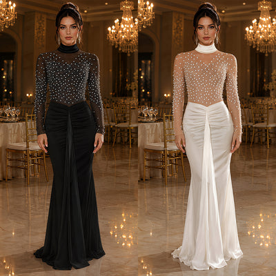 C7792 cross-border  new women's high neck mesh pearl rhinestone long sleeve formal dress banquet light luxury dress