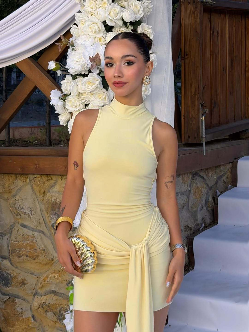Women's foreign trade fashion  new sleeveless high neck backless sexy hot girl ribbon tie bodycon mini dress