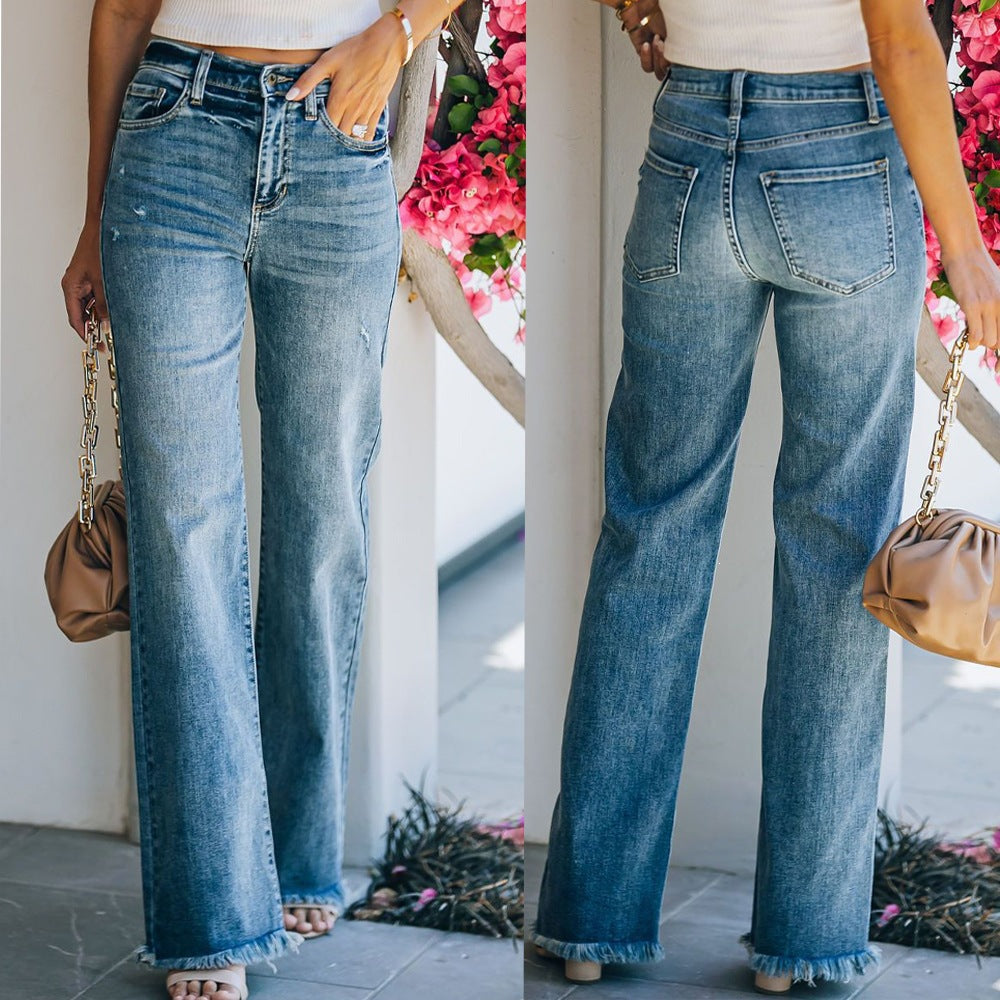 Fashion  independent station cross-border new style raw edge washed and polished mid-waist slimming look denim pants trendy women