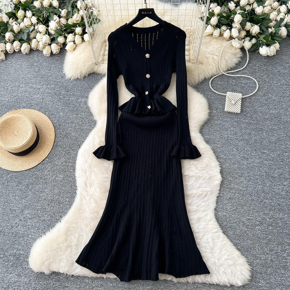 autumn collection: french chic, high-end, niche v-neck long sleeve ruffle trim patchwork cinched waist knit dress for women