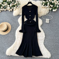 autumn collection: french chic, high-end, niche v-neck long sleeve ruffle trim patchwork cinched waist knit dress for women