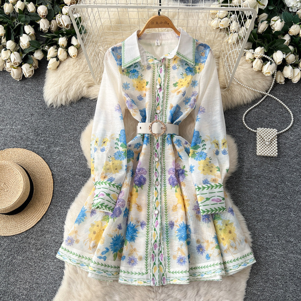 French retro print hollow-out dress - women's spring/summer long sleeve turn-down collar slimming a-line dress - vacation style