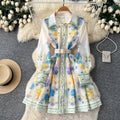 French retro print hollow-out dress - women's spring/summer long sleeve turn-down collar slimming a-line dress - vacation style