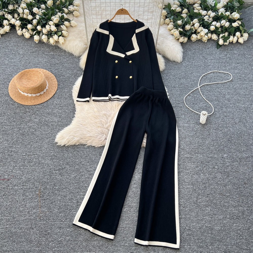 Fall and winter tweed style suit collar double-breasted long sleevesknittingtopshigh waistcontrast colorloose pants sweatertwo-piece set