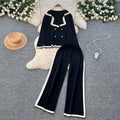 Fall and winter tweed style suit collar double-breasted long sleevesknittingtopshigh waistcontrast colorloose pants sweatertwo-piece set