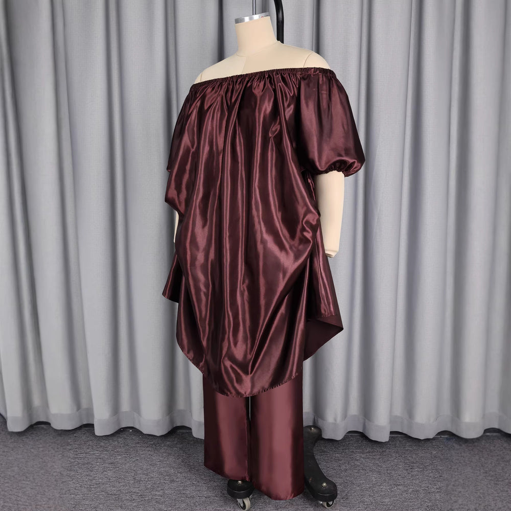 Plus size satin african robe set - one-shoulder asymmetrical loose top & flowy wide-leg pants - casual two-piece outfit