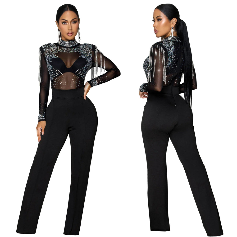 C7579 cross-border   fashion women's sexy see-through mesh rhinestone long-sleeve jumpsuit