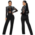 C7579 cross-border   fashion women's sexy see-through mesh rhinestone long-sleeve jumpsuit