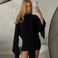 Aliexpress women's clothing  summer new fashion solid color swing neck loose long sleeve ribbon tie-up backless bodycon dress