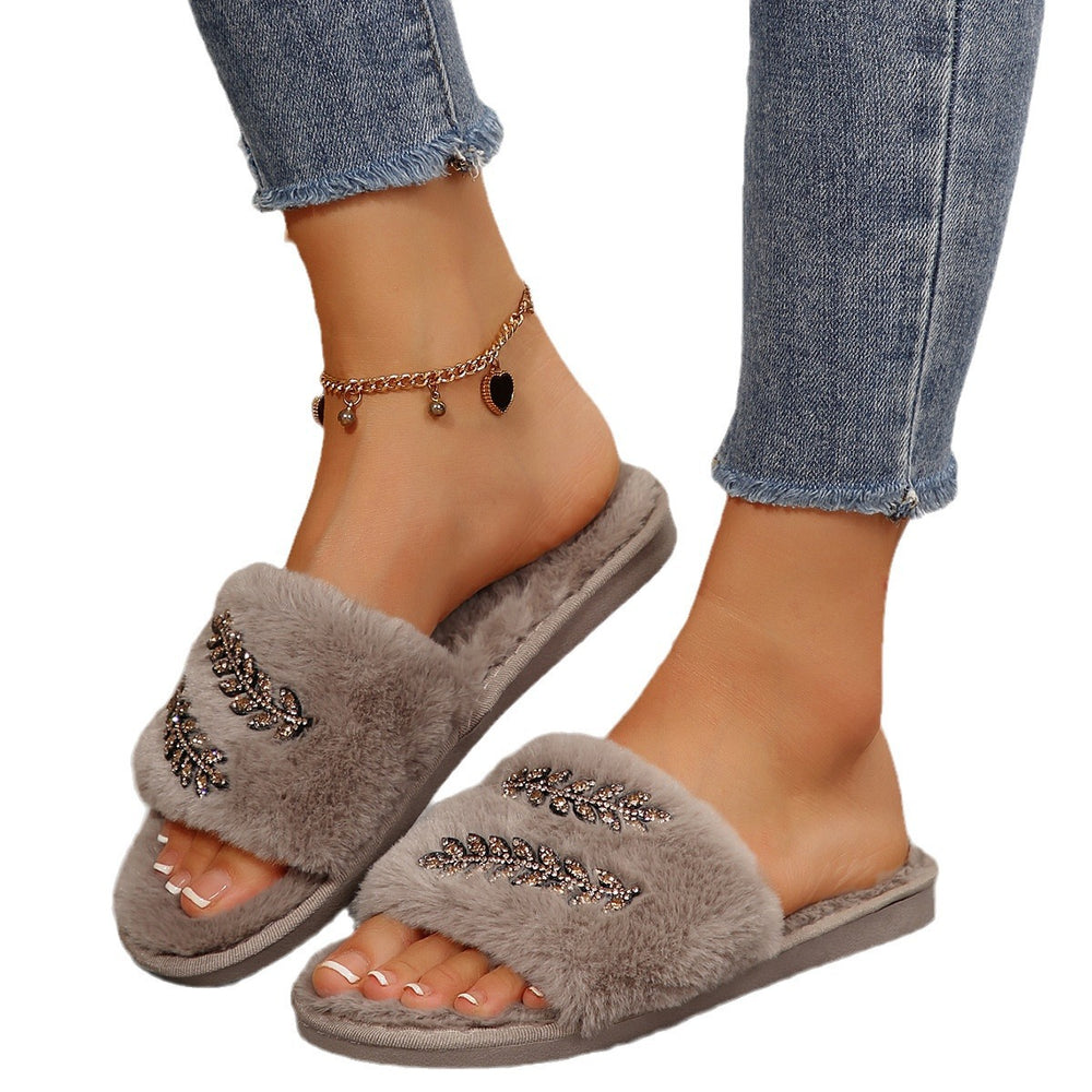 rhinestone leaf autumn and winter new arrival fur slippers women's foreign trade large size 43casualthick sole home fur slippers for women