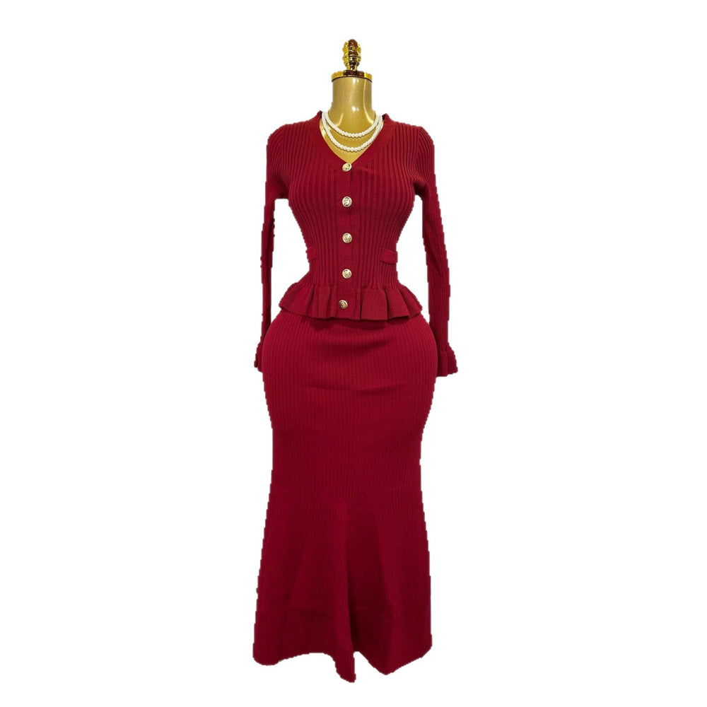 Rich girl style high-end mature woman set: women's autumn flared sleeve knit top + high-waisted fishtail midi skirt