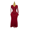 Rich girl style high-end mature woman set: women's autumn flared sleeve knit top + high-waisted fishtail midi skirt