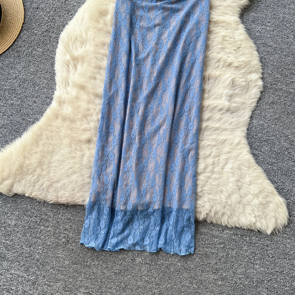 Pure desire style blue lace suspender dress women's summer silmsexy backless mermaid long dress vacation style dress
