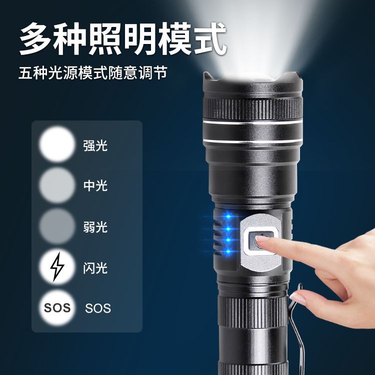 Cross-border new XHP90 power display telescopic zoom remote type-c charging output outdoor LED flashlight