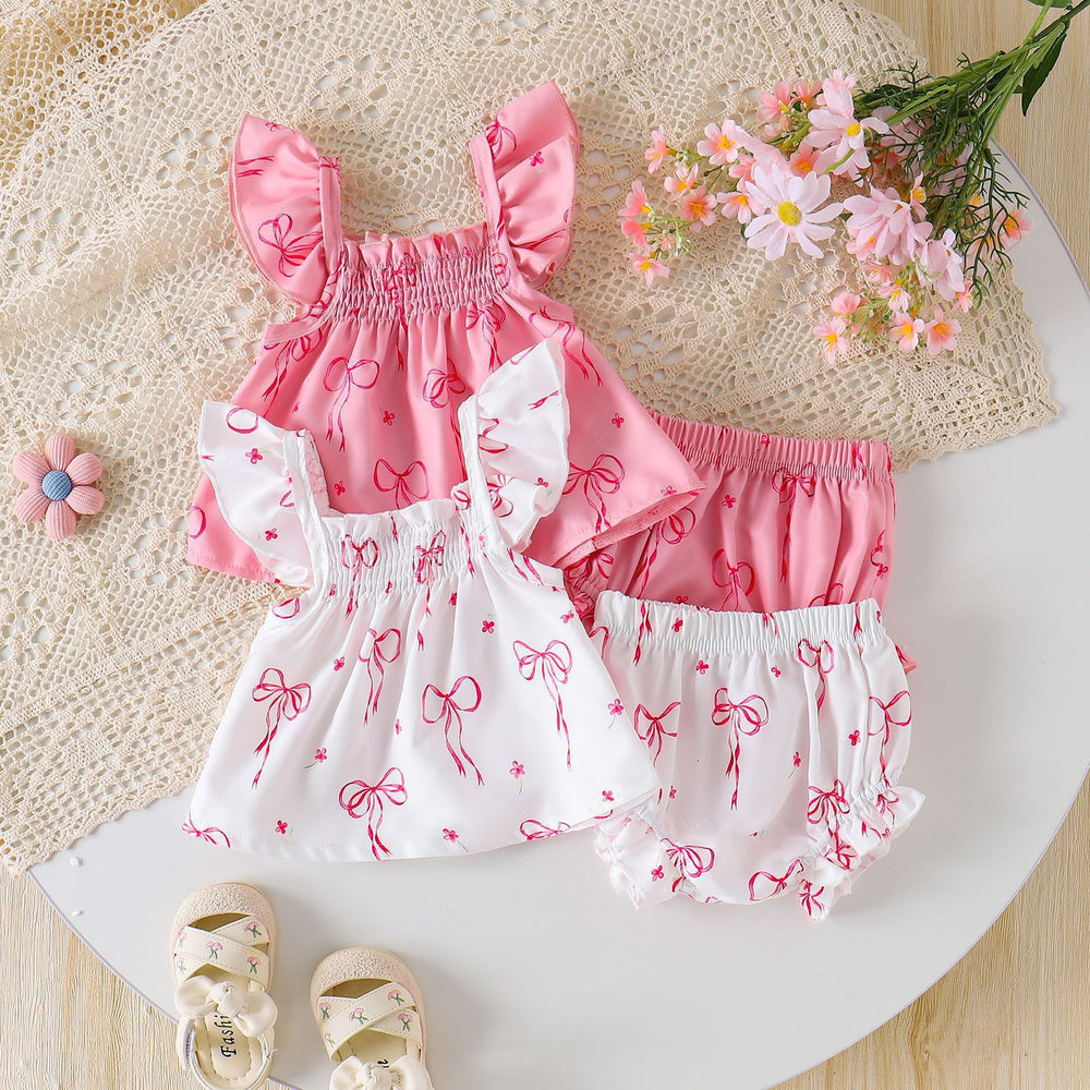 European and american summer new arrival: baby girl flutter sleeve bow print loose-fit children's pajama set - comfortable and cool