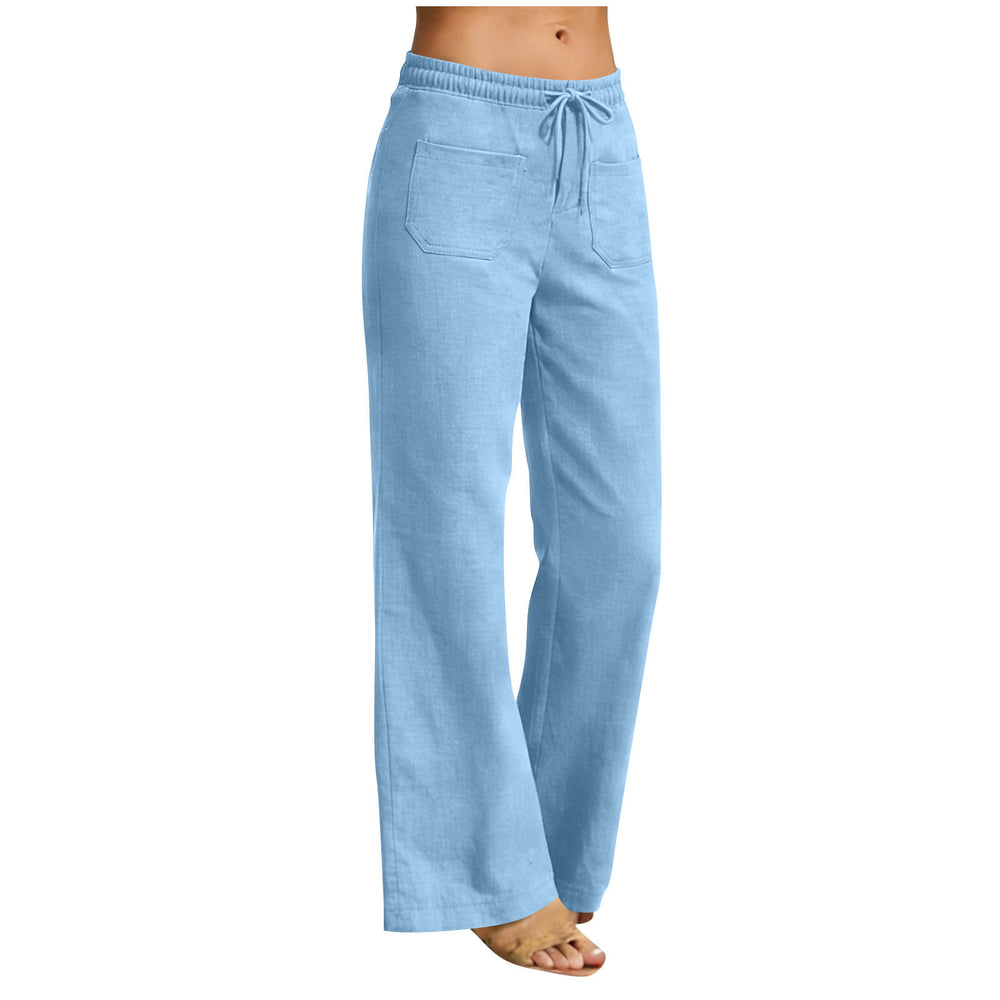 european and american cross-border women's linen-look fashion casual loose comfort solid color straight-leg pants with pockets wide-leg trousers