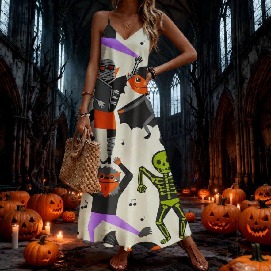 halloween pattern printing longdressv neckloose vacation suspender skirt