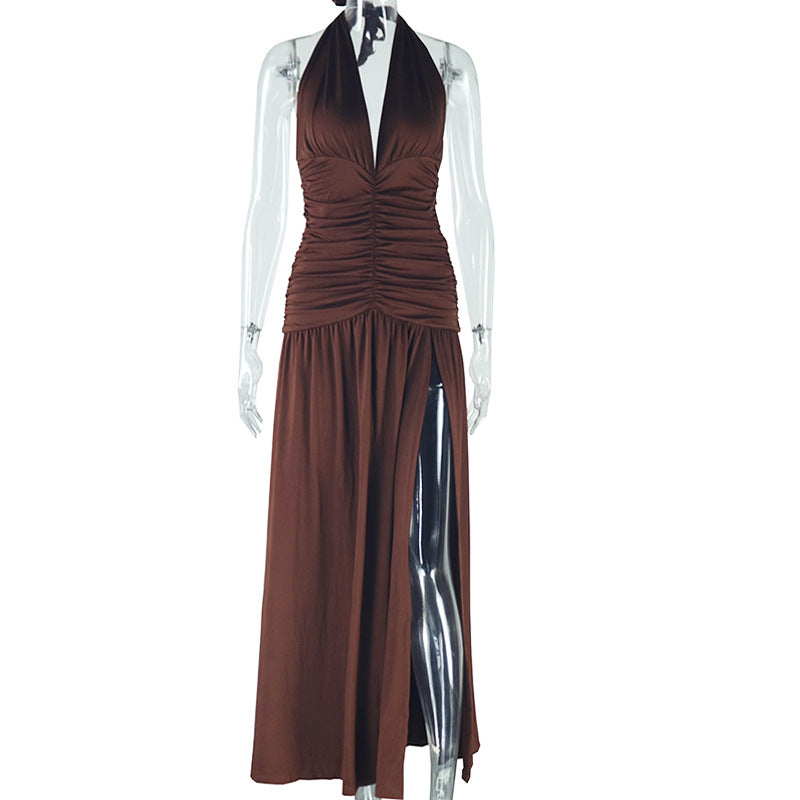 Fashioninsexport women's solid color dress sexy sleeveless deep v neck slit elegantcasual waist dress dropshipping