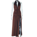 Fashioninsexport women's solid color dress sexy sleeveless deep v neck slit elegantcasual waist dress dropshipping