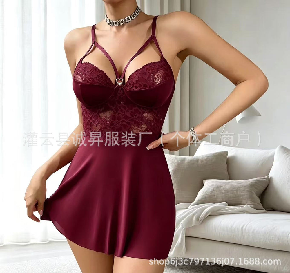 new arrival sexy intimates heart diamond buckle lacepatchwork low-cut suspender skirt backless sexy nightgown