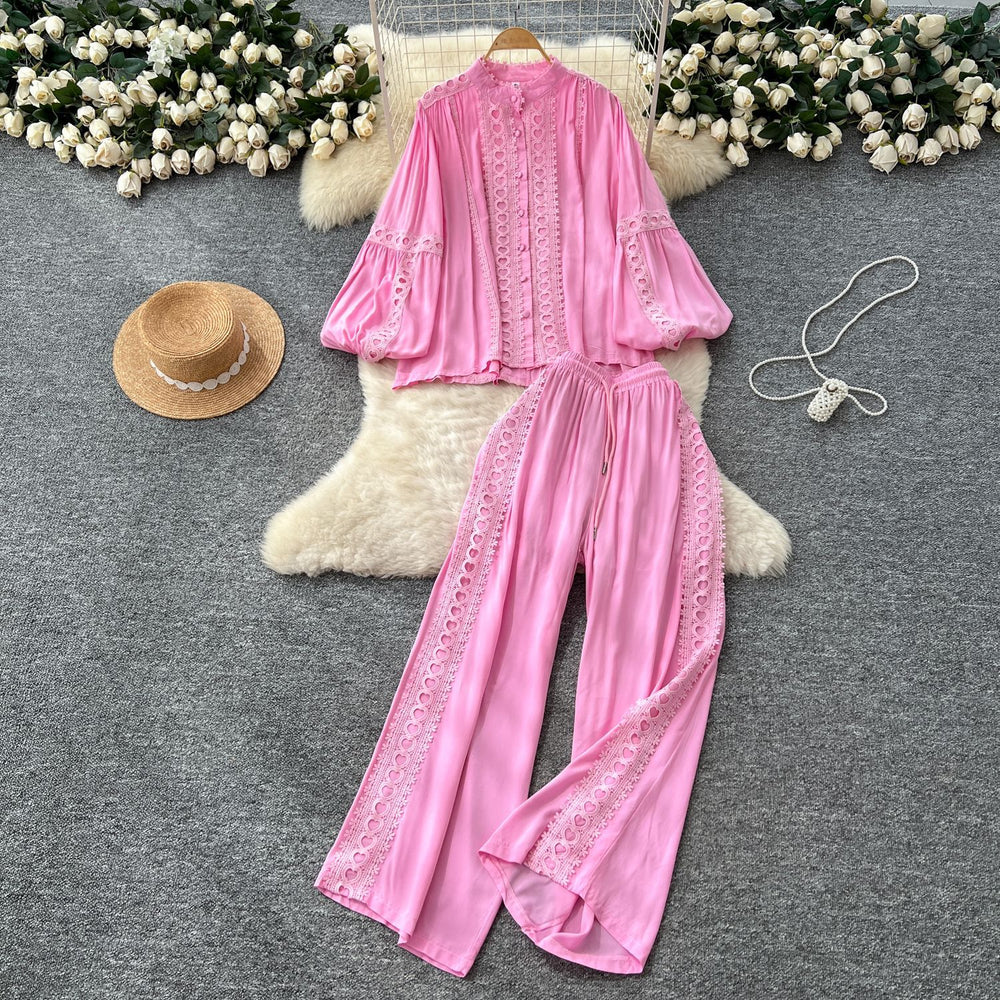 Elegant two-piece set for women, autumn : french court style lace patchwork lantern sleeve blouse with high-waisted wide-leg pants
