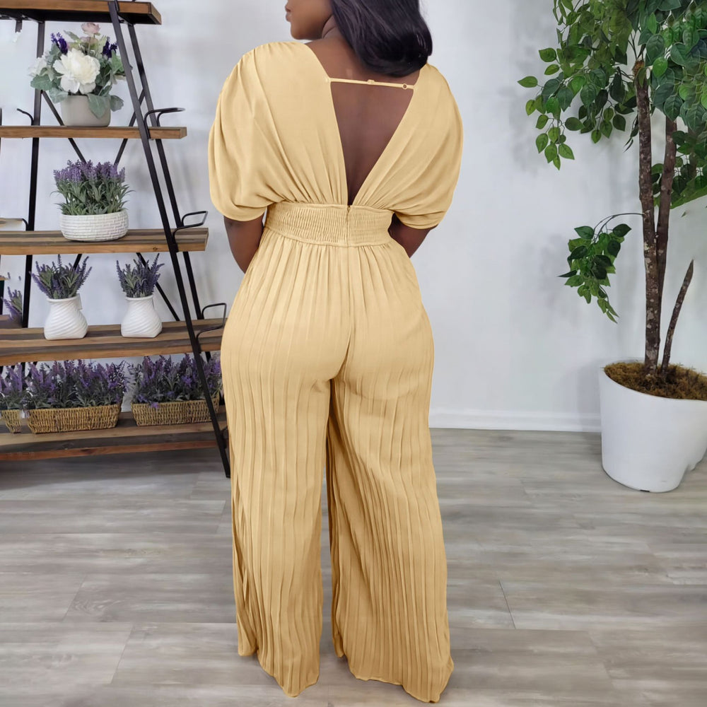 C8592  foreign trade  new european and american cross-border fashion v-neck high-waisted solid color sexy pleated jumpsuit