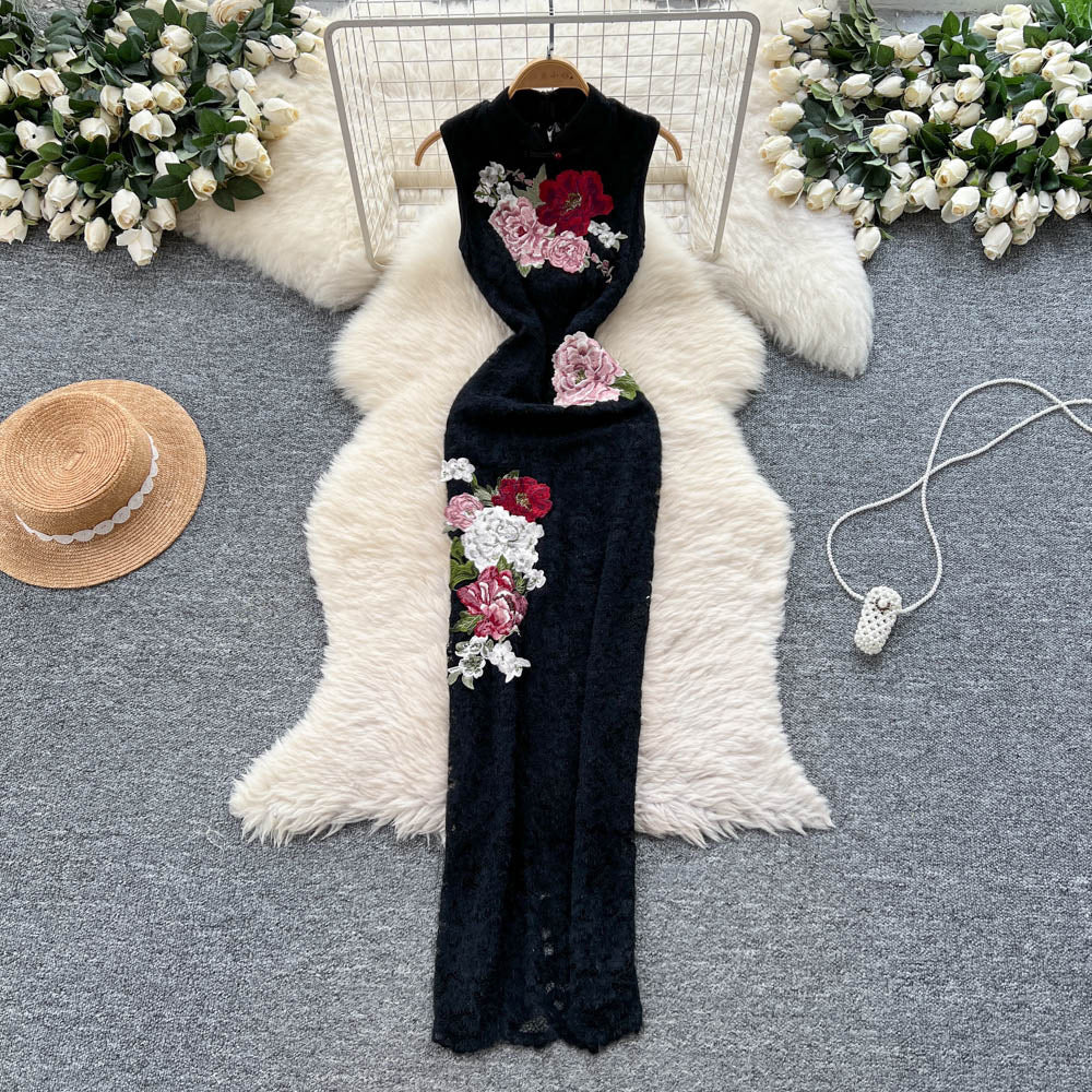 New chinese retroelegancecheongsam women's summersense of designheavy industryembroider waist silm sleevelesslacedress