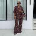 European and american cross-border women's fashion:  summer new collection - trendy polka dot short sleeve tie-neck blouse and wide-leg pants set
