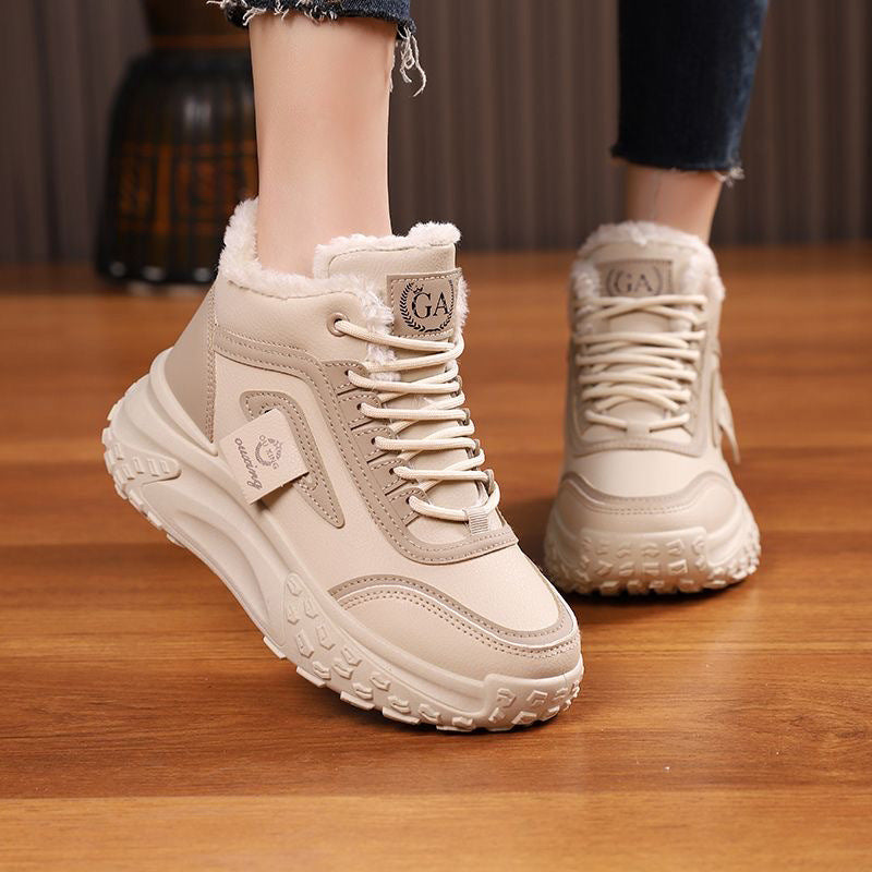 High-top women's shoes, new winter styles, trendy winter footwear, fleece-lined and thickened cotton shoes, cold-proof and warm, casual platform ankle boots