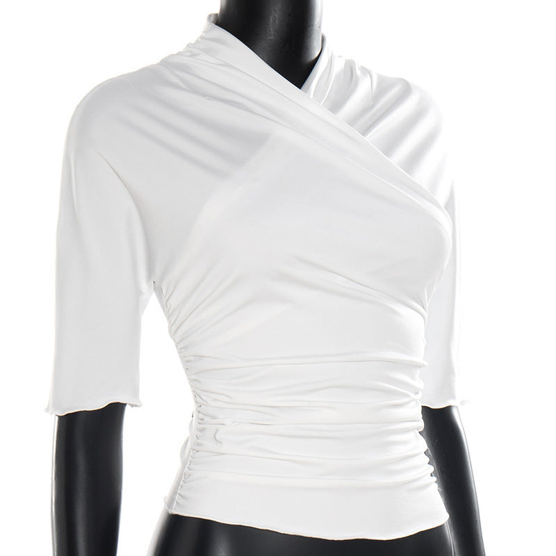 european and american style pullover spring/summer overlap collar long sleeve slim fit versatile solid color ruched top designer women's t-shirt