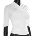 european and american style pullover spring/summer overlap collar long sleeve slim fit versatile solid color ruched top designer women's t-shirt