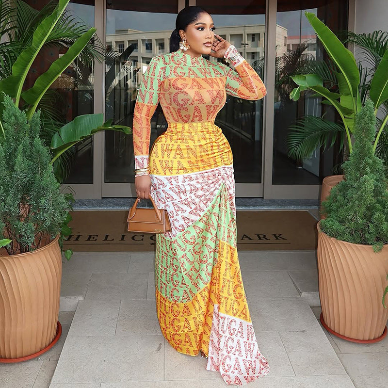 Fashion style cross-border printing elegant women's clothing work clothing waist bag hip skirt high collar long sleevespatchwork slightly see-through dress trendy