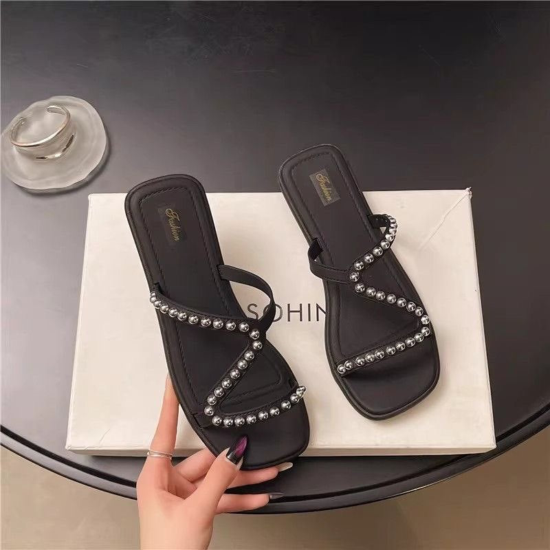 2026 new fashion versatile summer french silver pearl elegant home & outdoor beach sandals for women