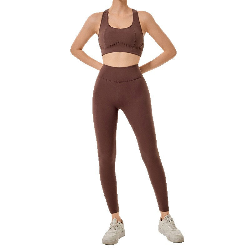 New arrival cross-border pure colorworkwear style grids sports suit women's tight slimming look with chest pad beautiful back yoga suit women's suit
