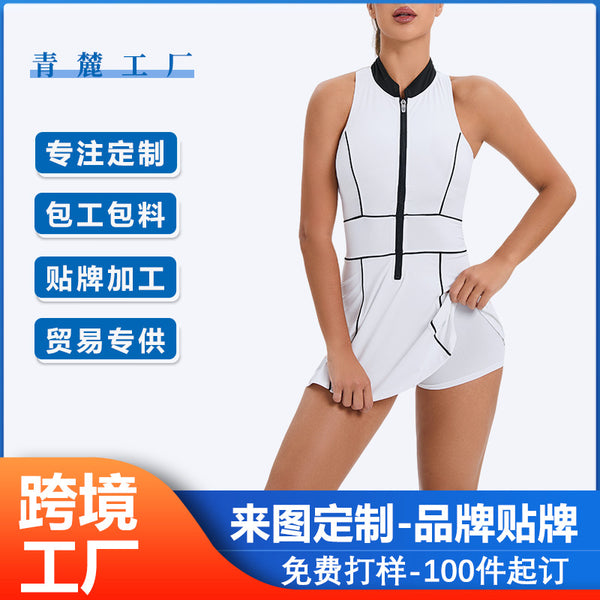 Cross-border golf one-piece skirt women's sleeveless zipper sports soldier feather volleyball dress fake two pieces sweat